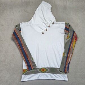 Vintage Mon Ami Hoodie Womens Medium White Southwestern Print Cowl Neck USA Made